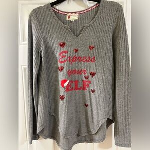 Poof! Christmas holiday shirt. Grey with red details. Express your Elf